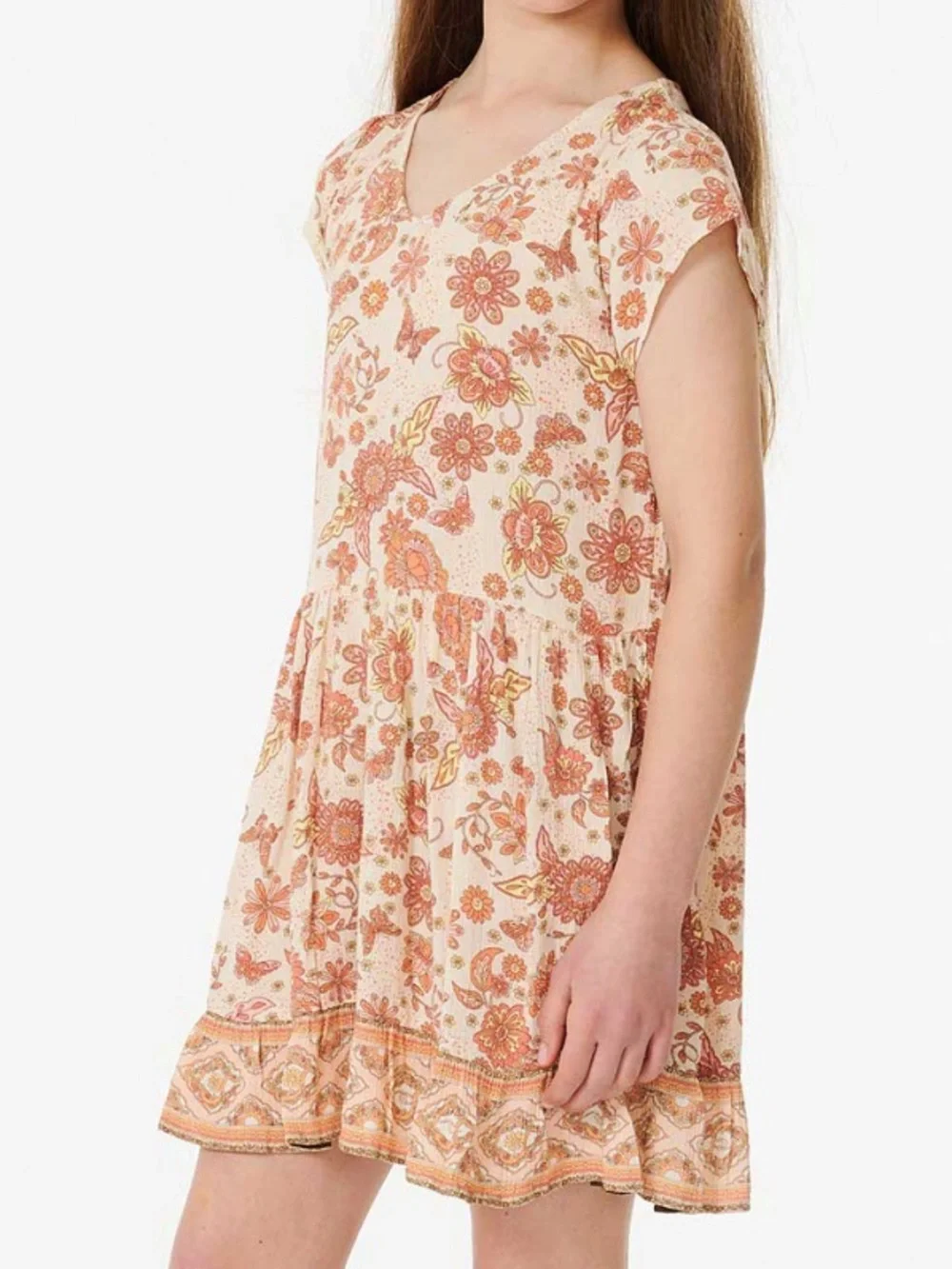 Rip Curl Girls Sun Catchers Viscose Crinkle Dress Size 10\S Boho Floral Bone NWT